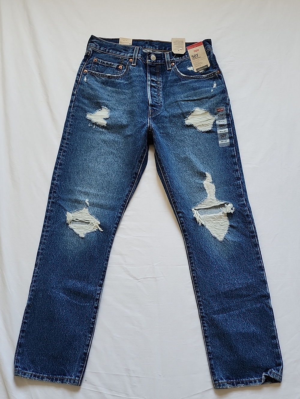 Levi's 501 Original Fit Distressed Jeans Medium Indigo Destructed NWT 30x30